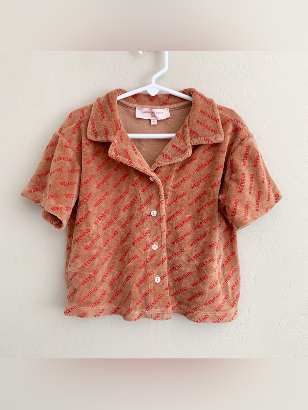 Weekend House Velour Button Down Logo Shirt • 5/6 Years